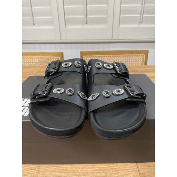 The Kooples Black Leather Buckled Sandals w/ Studs Size 5 US 36 EU NIB Slides - Picture 6 of 13
